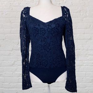 Express Lace Puff Sleeve Thong Bodysuit